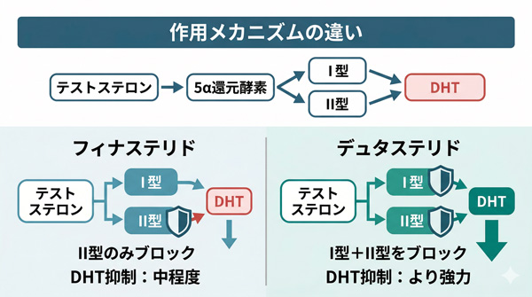 フィナステリドはII型のみ、デュタステリドはI型+II型の5α還元酵素をブロック。DHT抑制力の違いを比較した作用メカニズム図