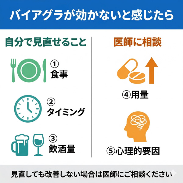 バイアグラが効かない5つの原因を「自分で見直せること(食事・タイミング・飲酒量)」と「医師に相談(用量・心理的要因)」の2カテゴリに分類した図解
