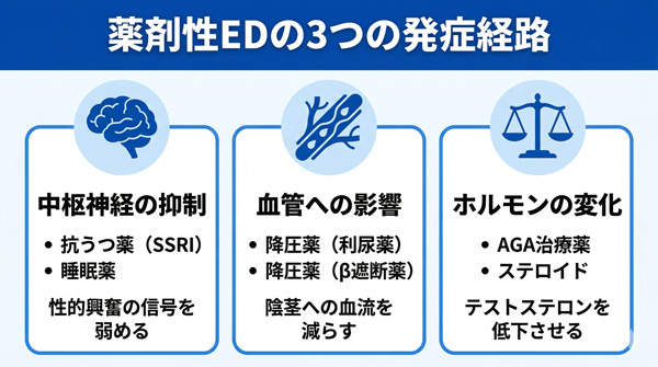 薬剤性EDの3つの発症経路（中枢神経の抑制・血管への影響・ホルモンの変化）を解説したインフォグラフィック