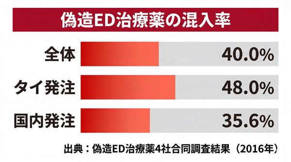 偽造ED治療薬の混入率は全体40%・タイ発注48%・国内発注35.6%(製薬4社合同調査2016年)