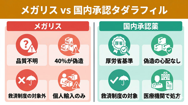 メガリスと国内承認タダラフィルの品質管理・偽造リスク・救済制度・入手方法を4項目で比較