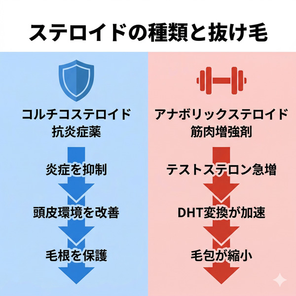 コルチコステロイド（抗炎症薬）とアナボリックステロイド（筋肉増強剤）の抜け毛への作用経路の違いを比較した対比図
