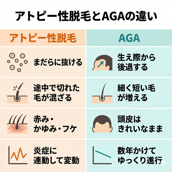 アトピー性脱毛とAGAの抜け毛パターン・毛の状態・頭皮・進行ペースの違いを4項目で比較した対比図